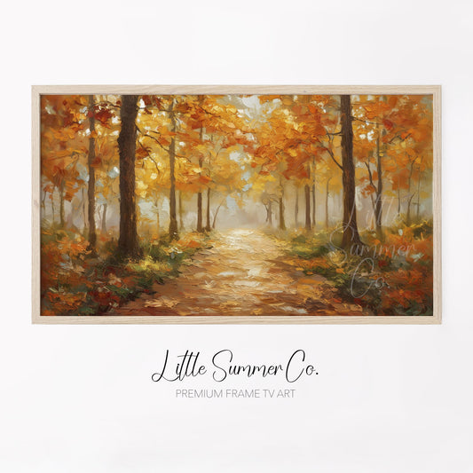 Golden Woodland Path Frame TV Art displayed on a TV