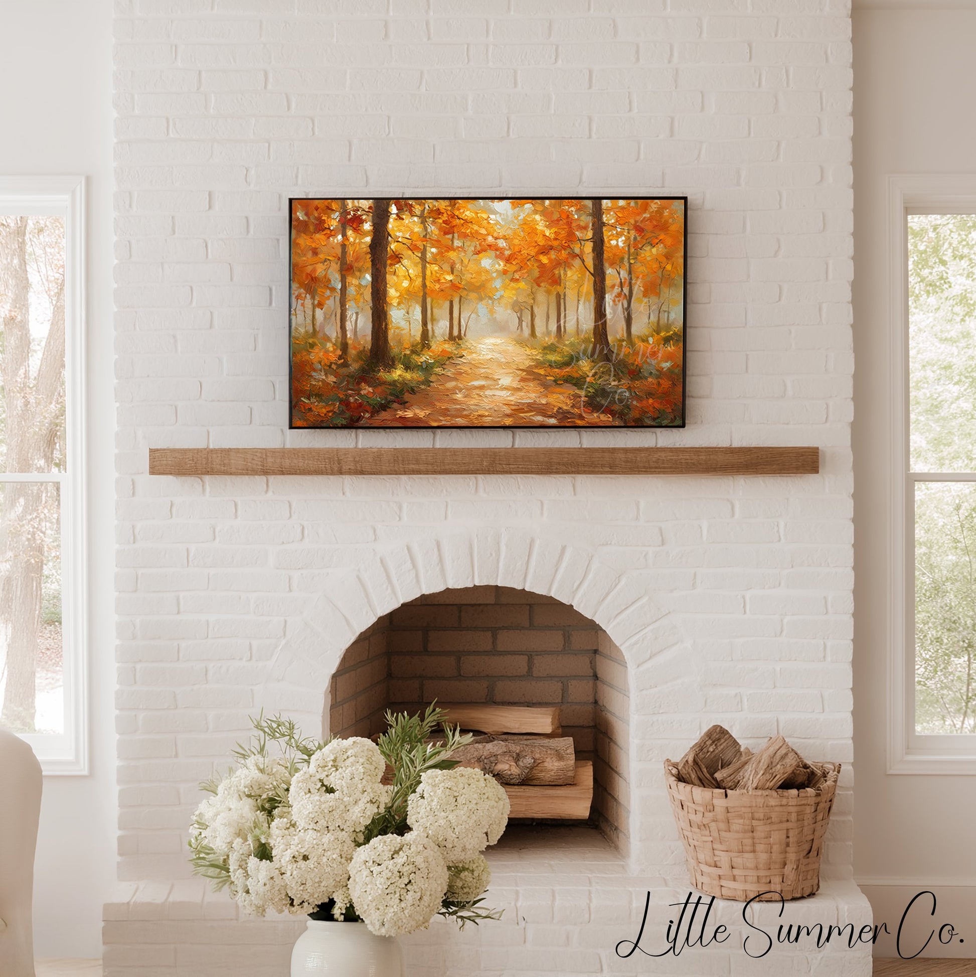 Golden Woodland Path Frame TV Art displayed on a TV
