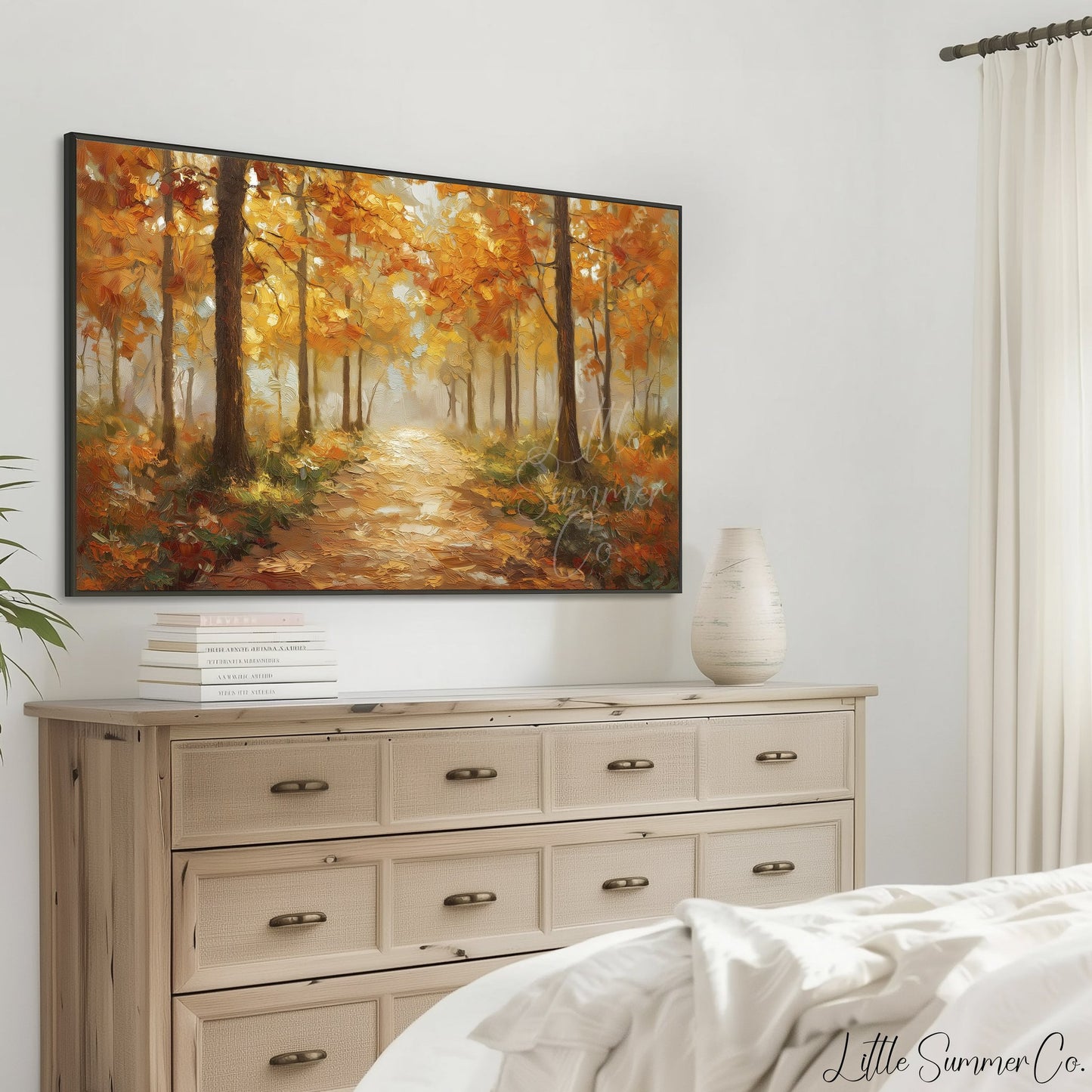 Golden Woodland Path Frame TV Art displayed on a TV
