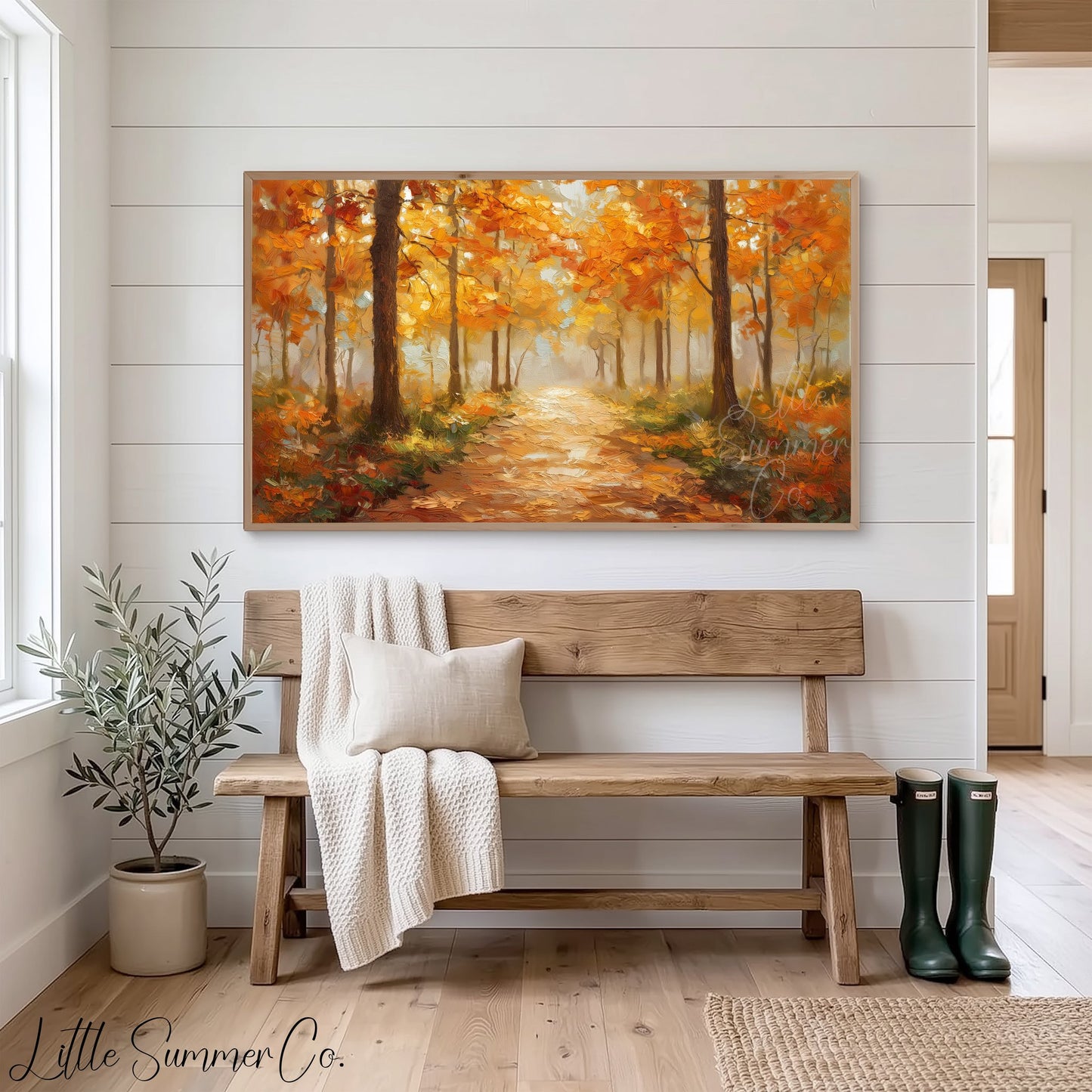Golden Woodland Path Frame TV Art displayed on a TV
