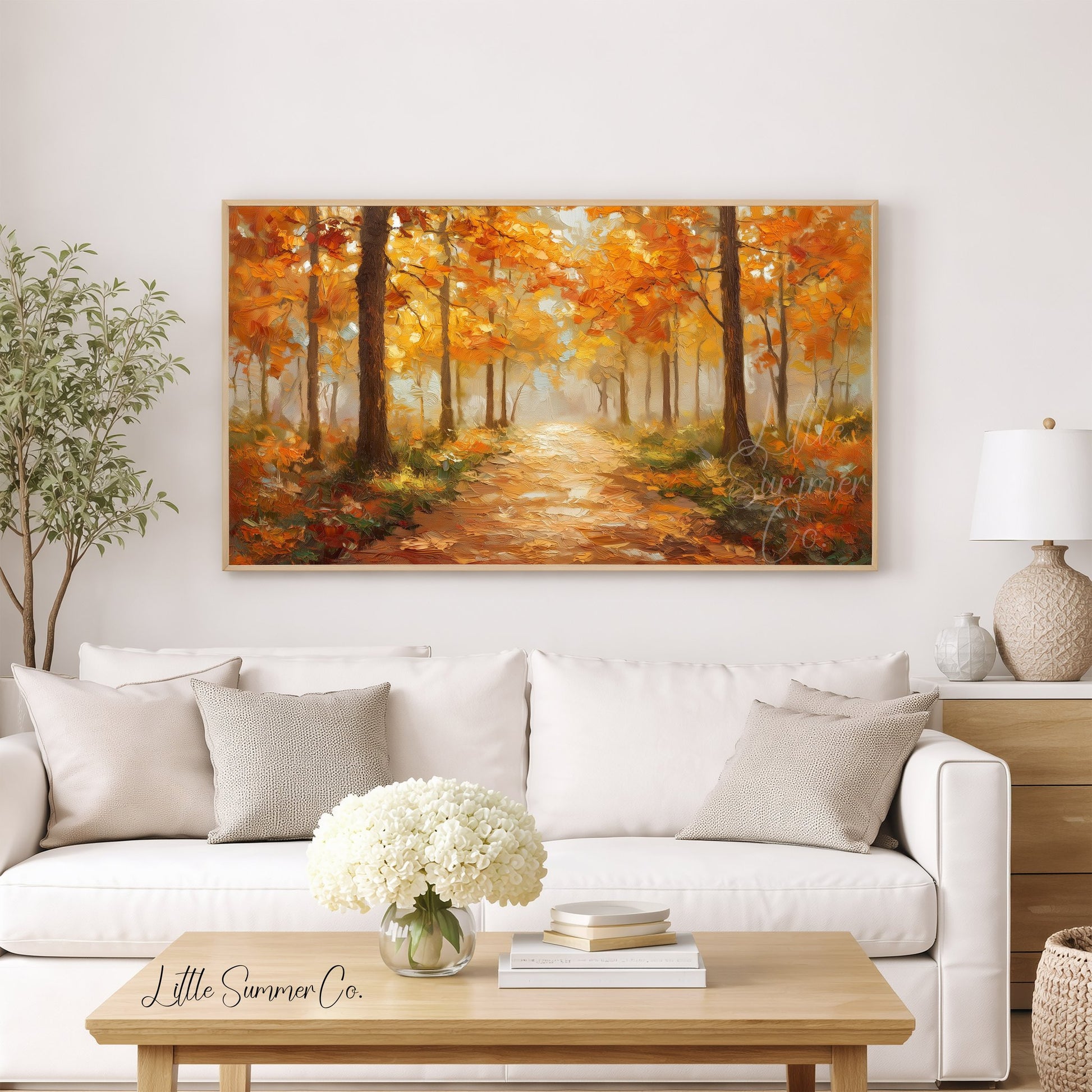 Golden Woodland Path Frame TV Art displayed on a TV