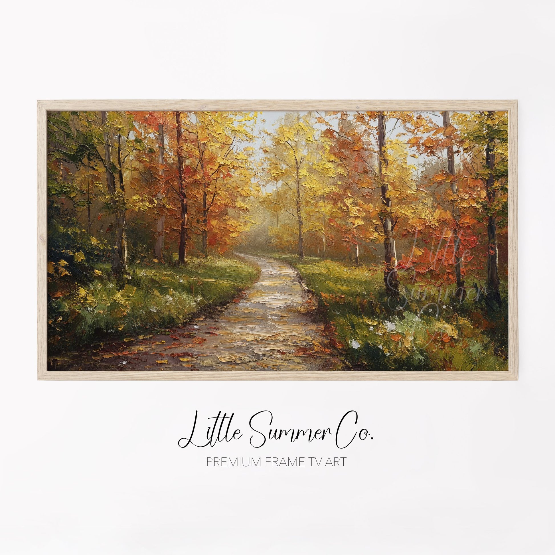 Misty Autumn Forest Path Frame TV Art displayed on a TV