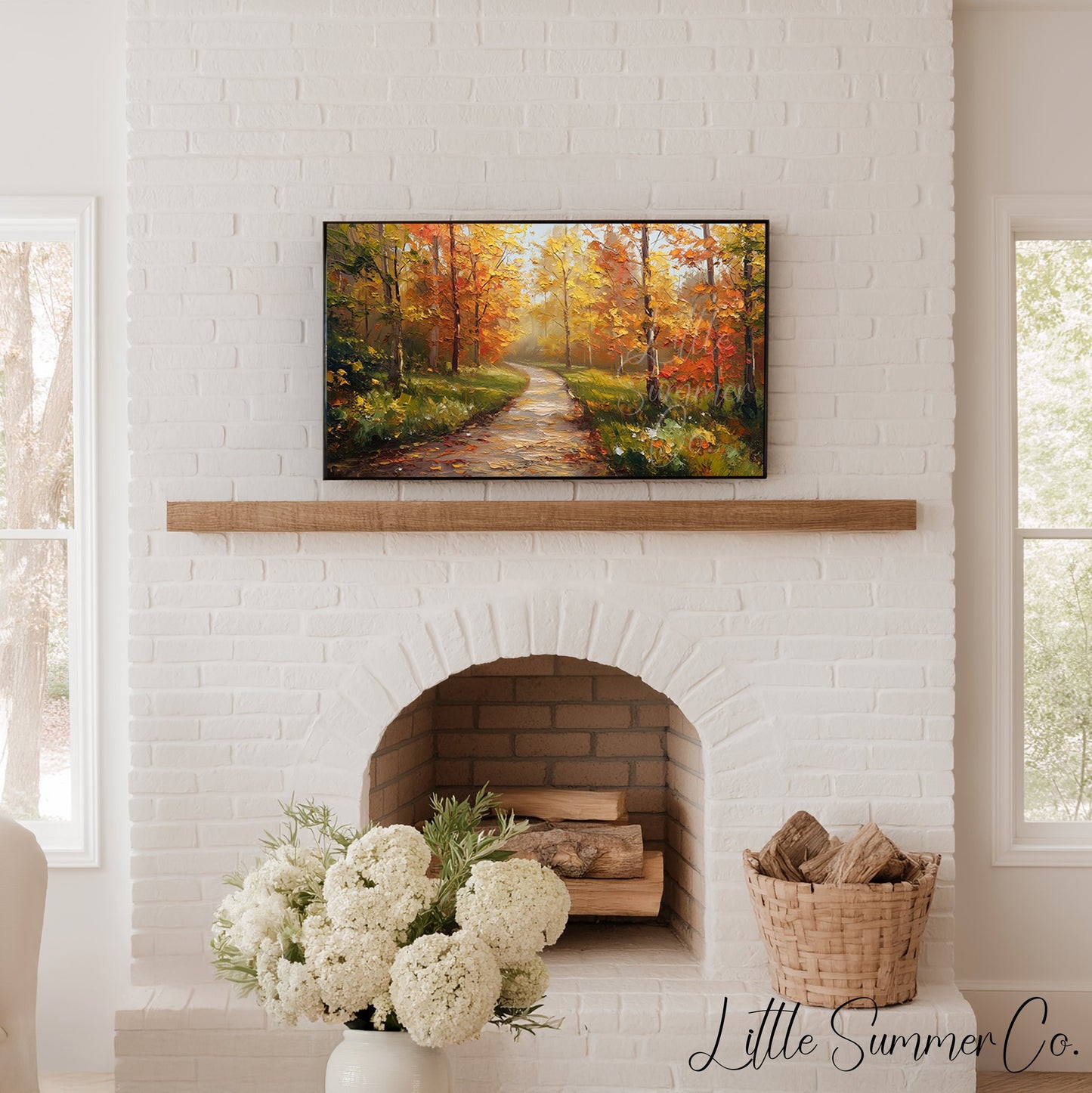 Misty Autumn Forest Path Frame TV Art displayed on a TV