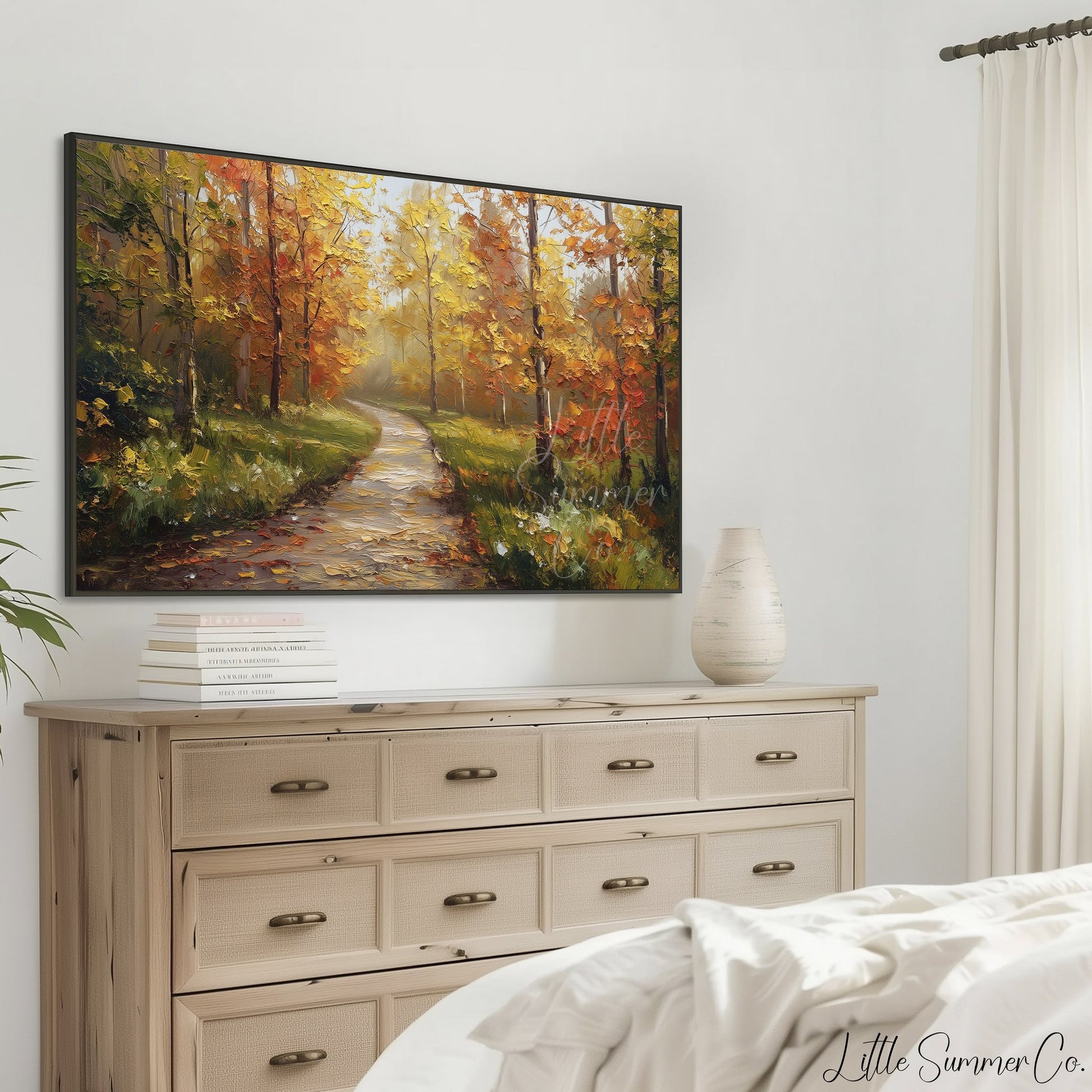 Misty Autumn Forest Path Frame TV Art displayed on a TV