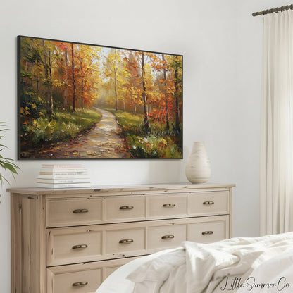 Misty Autumn Forest Path Frame TV Art displayed on a TV