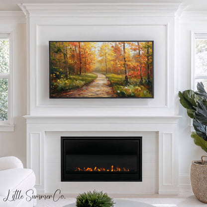 Misty Autumn Forest Path Frame TV Art displayed on a TV