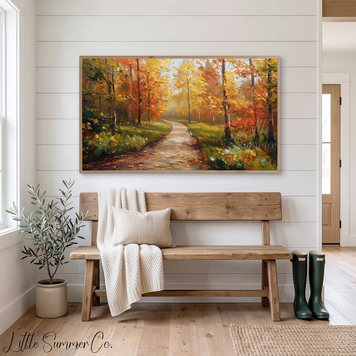 Misty Autumn Forest Path Frame TV Art displayed on a TV