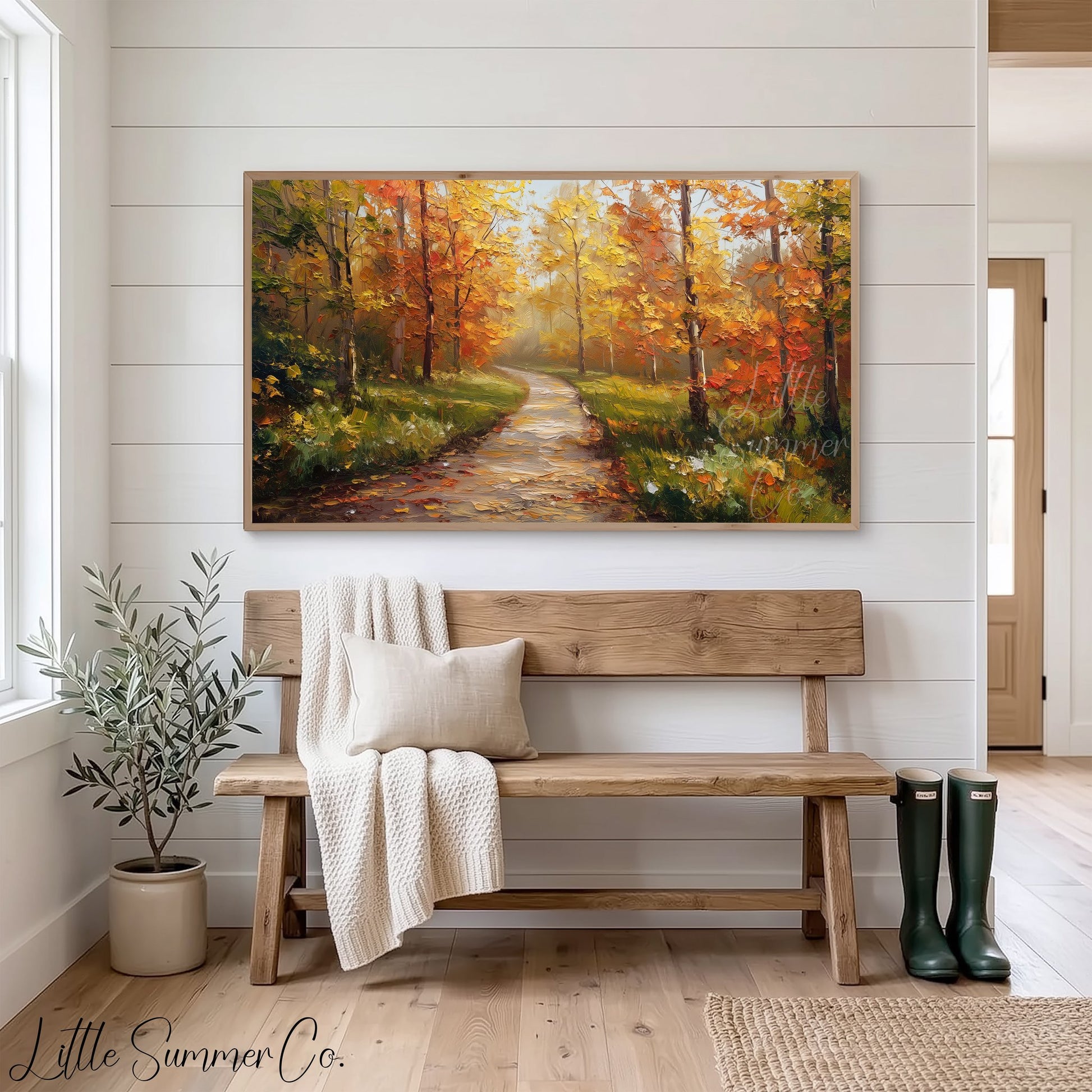 Misty Autumn Forest Path Frame TV Art displayed on a TV