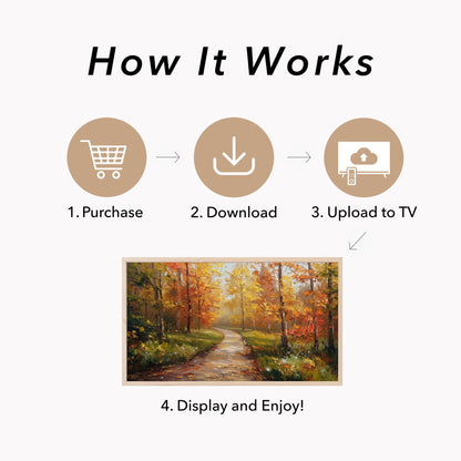Misty Autumn Forest Path Frame TV Art displayed on a TV