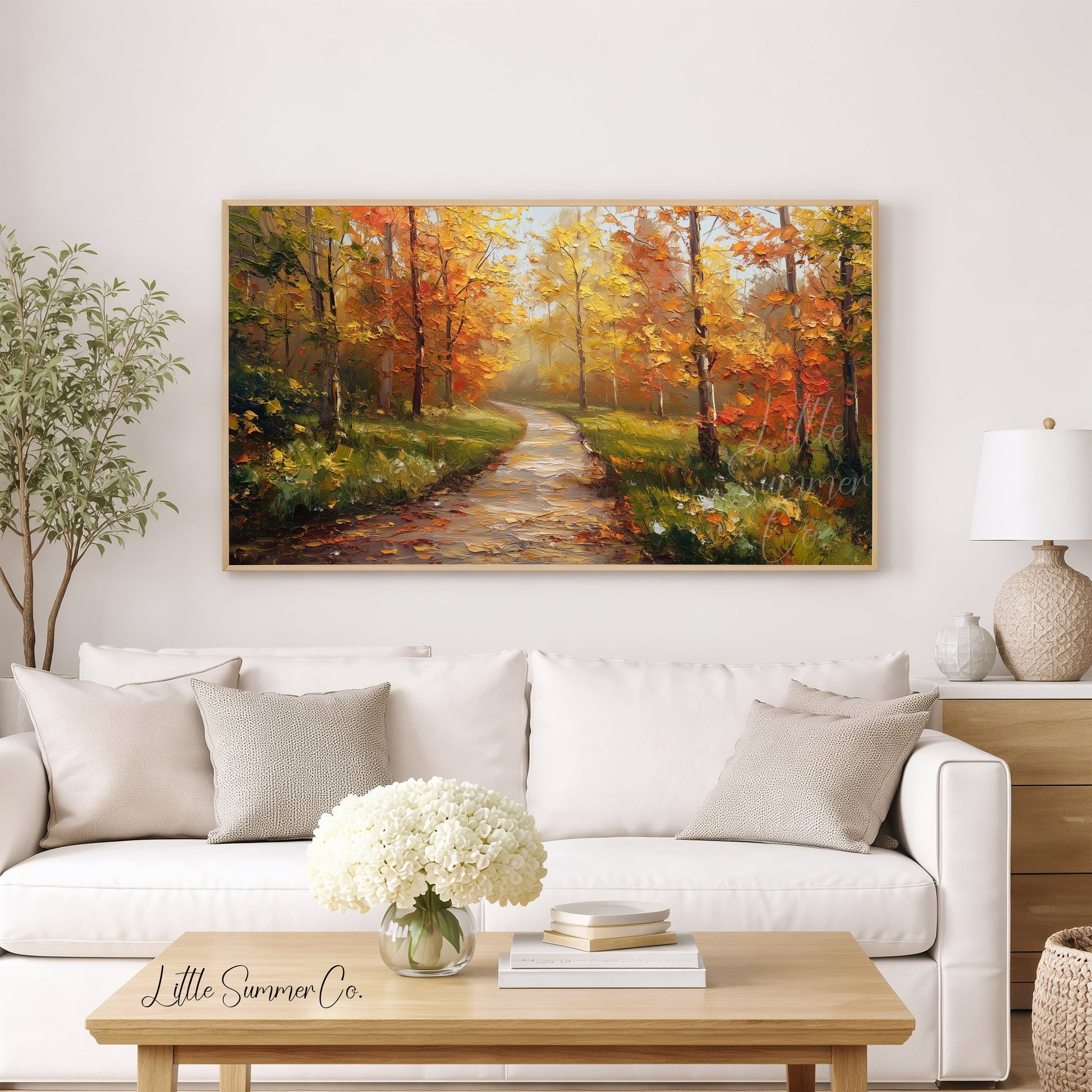 Misty Autumn Forest Path Frame TV Art displayed on a TV