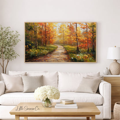 Misty Autumn Forest Path Frame TV Art displayed on a TV
