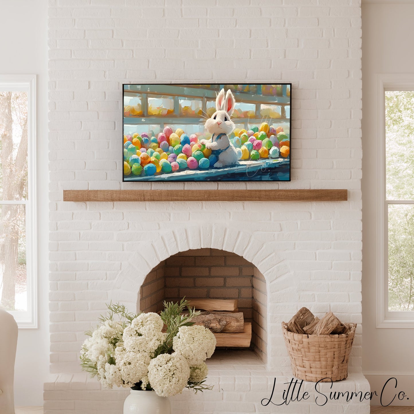 Easter Bunny with Coloured Eggs Frame TV Art displayed on a TV