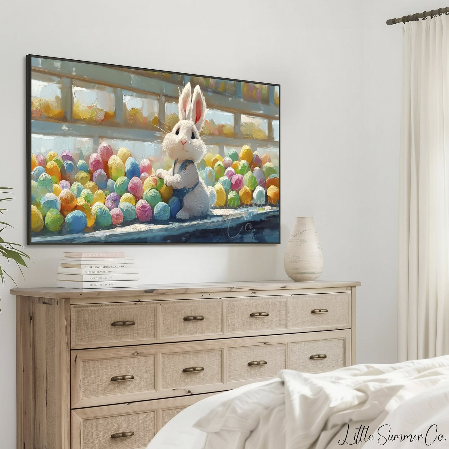 Easter Bunny with Coloured Eggs Frame TV Art displayed on a TV