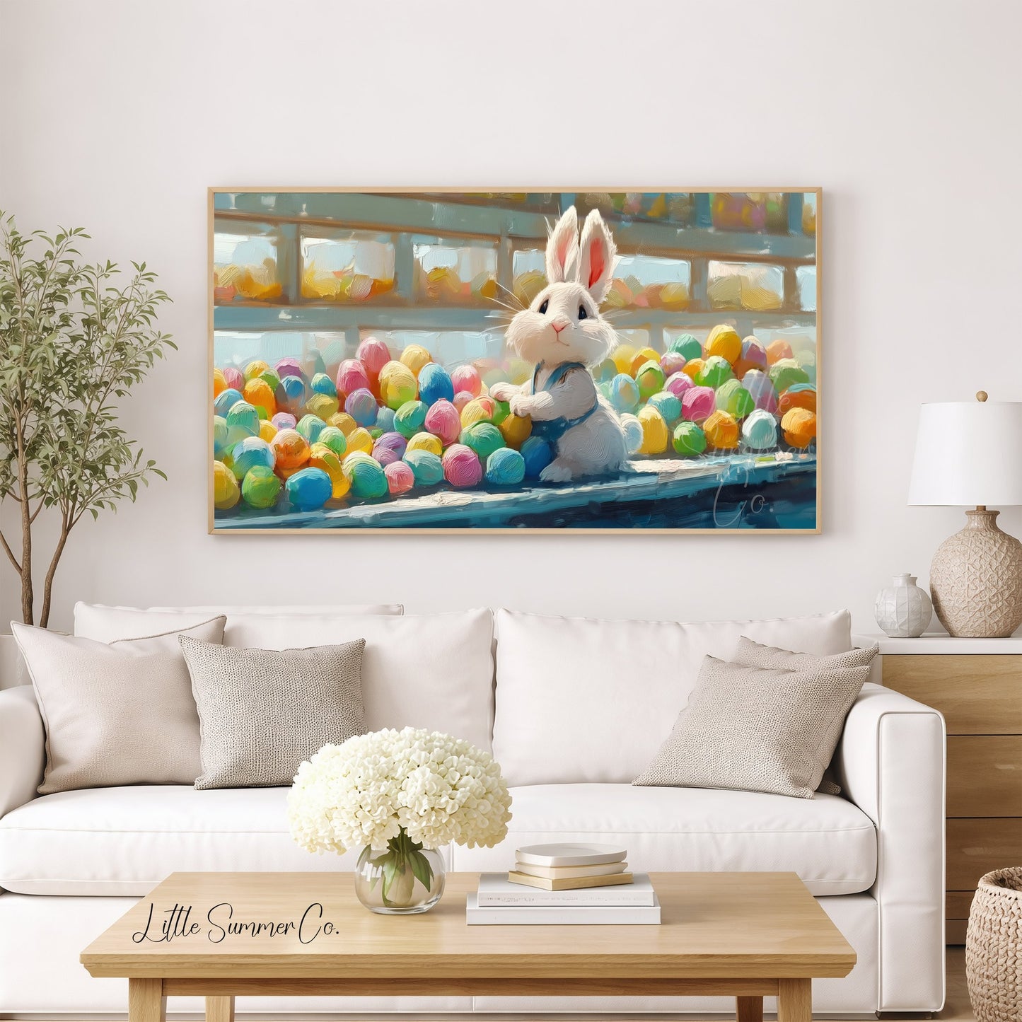 Easter Bunny with Coloured Eggs Frame TV Art displayed on a TV