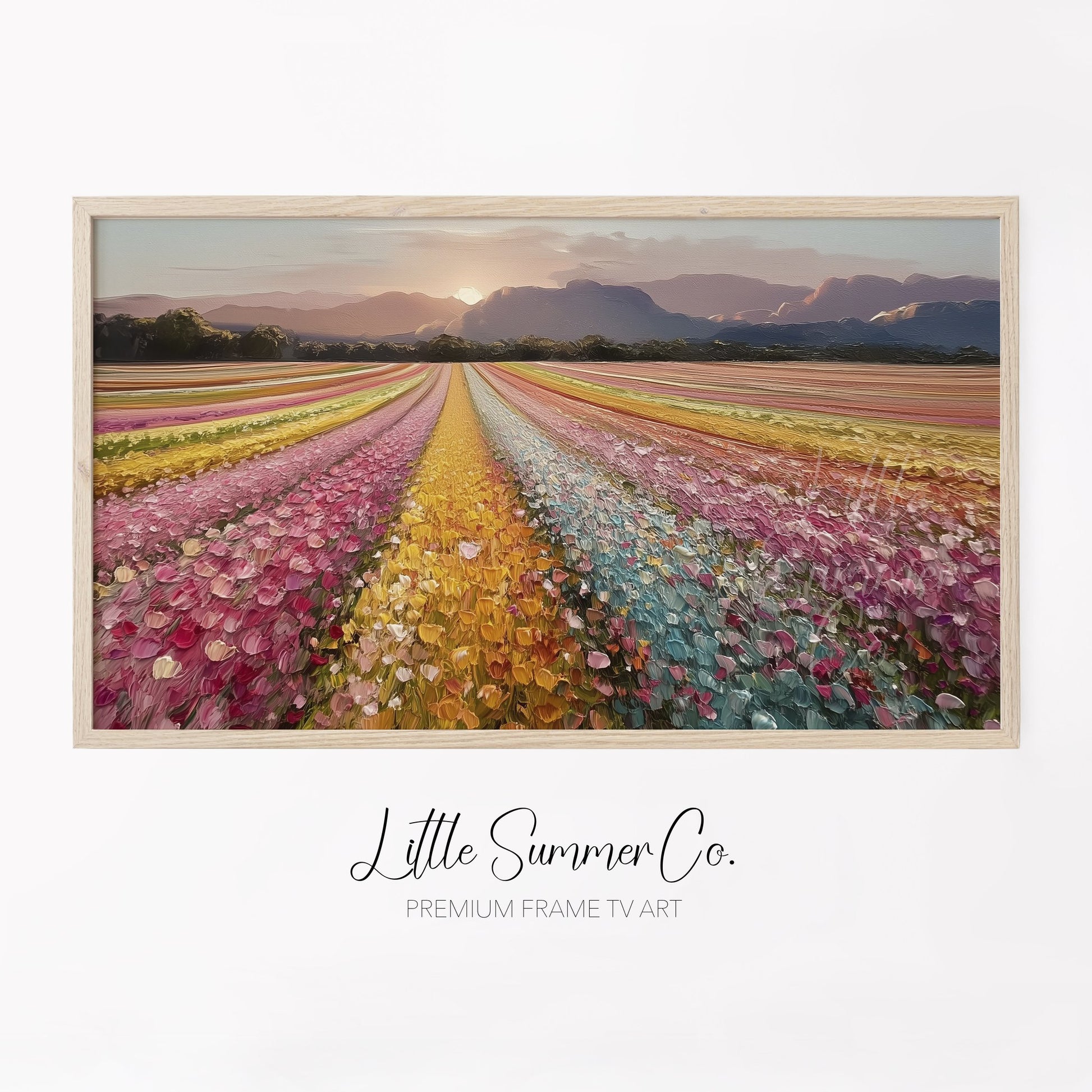 Colourful Flower Field at Sunset Frame TV Art displayed on a TV