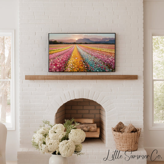 Colourful Flower Field at Sunset Frame TV Art displayed on a TV