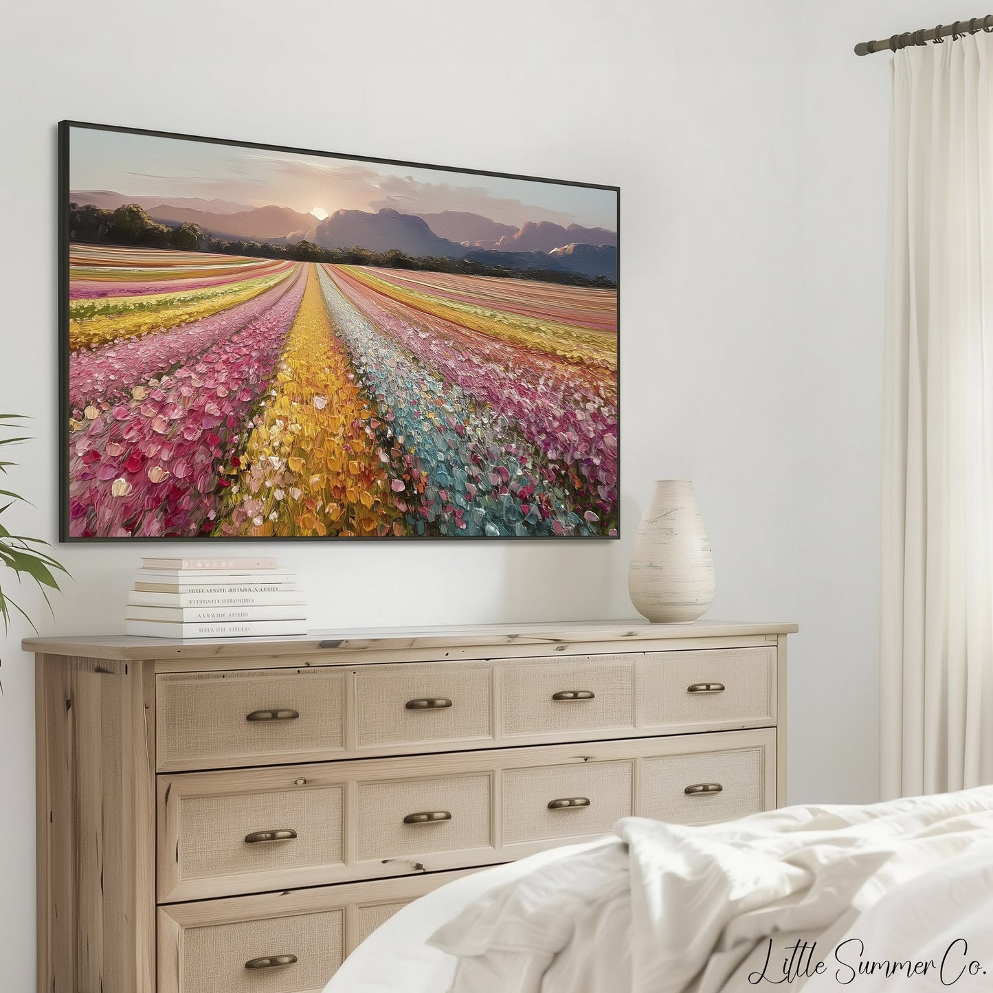 Colourful Flower Field at Sunset Frame TV Art displayed on a TV
