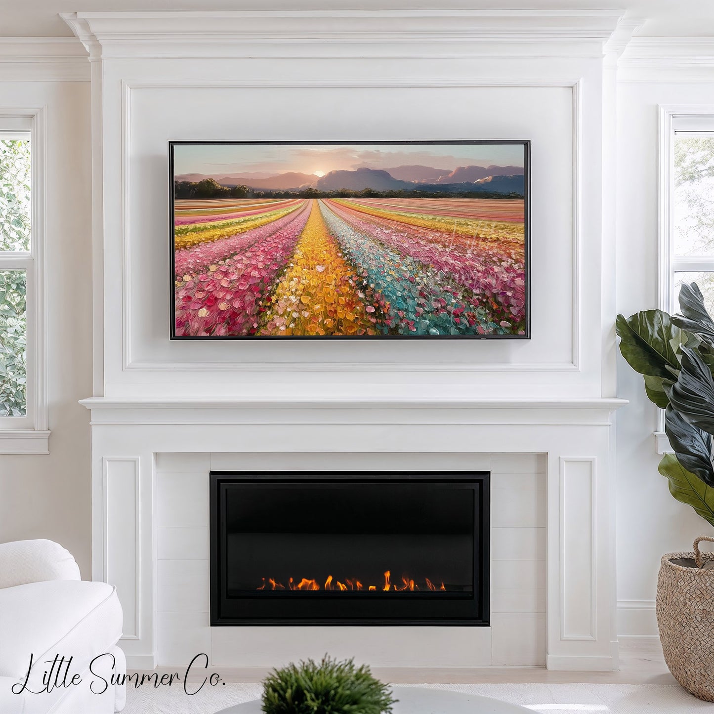 Colourful Flower Field at Sunset Frame TV Art displayed on a TV