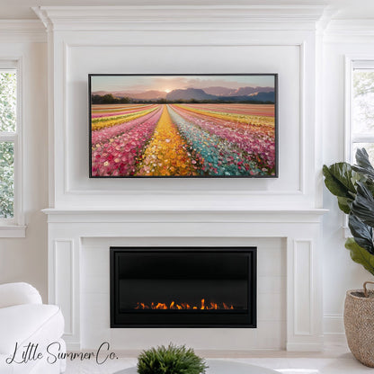Colourful Flower Field at Sunset Frame TV Art displayed on a TV