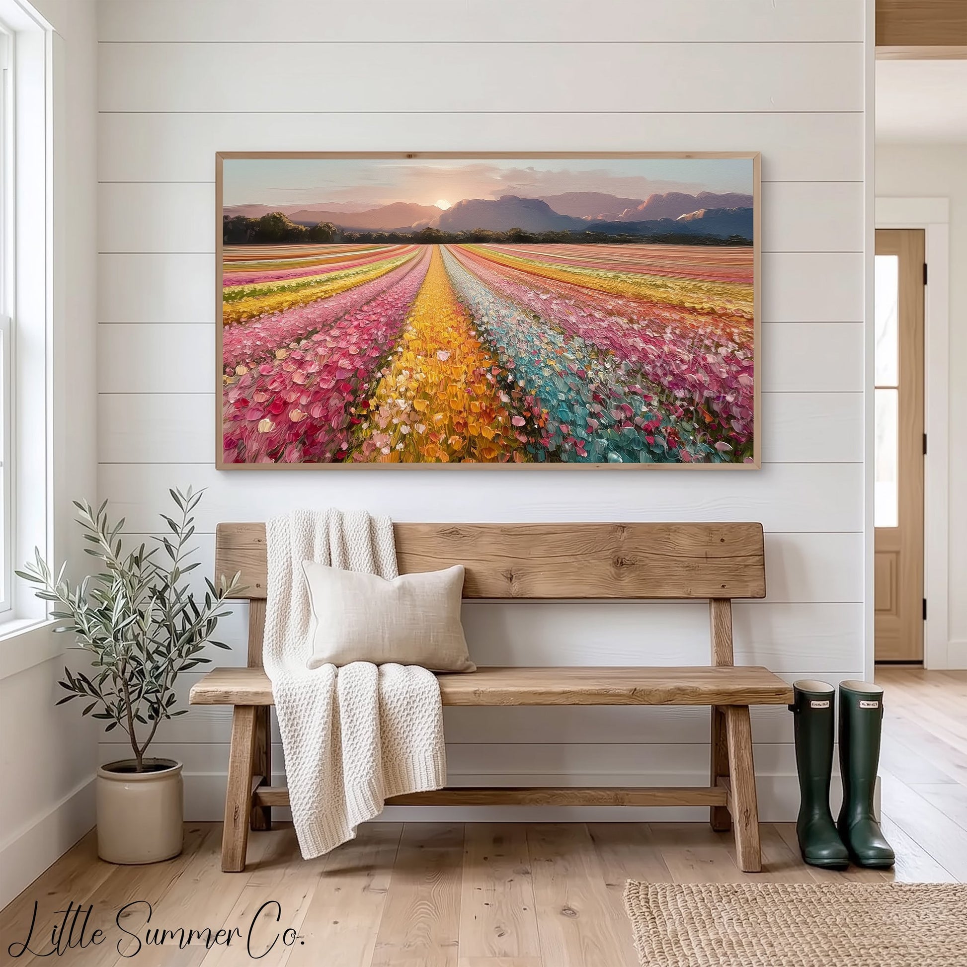 Colourful Flower Field at Sunset Frame TV Art displayed on a TV
