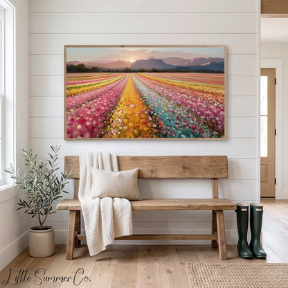 Colourful Flower Field at Sunset Frame TV Art displayed on a TV
