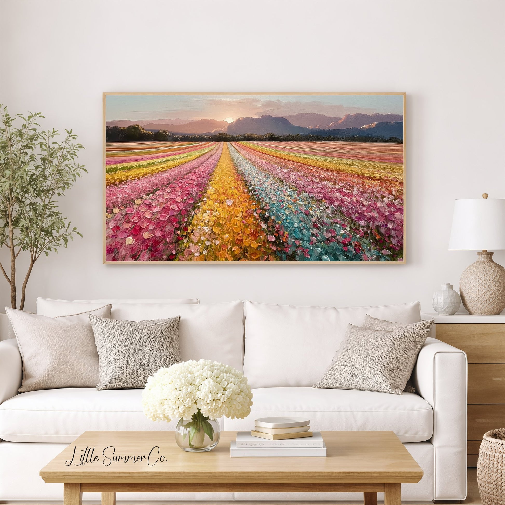 Colourful Flower Field at Sunset Frame TV Art displayed on a TV