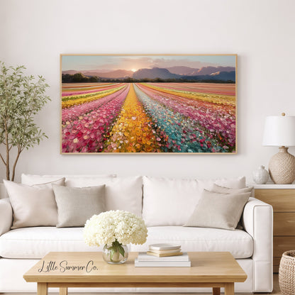 Colourful Flower Field at Sunset Frame TV Art displayed on a TV