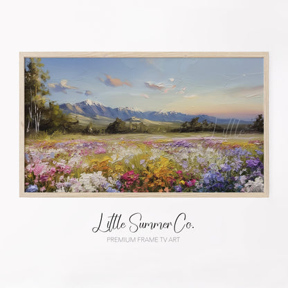 Wildflower Meadow and Mountains Frame TV Art displayed on a TV
