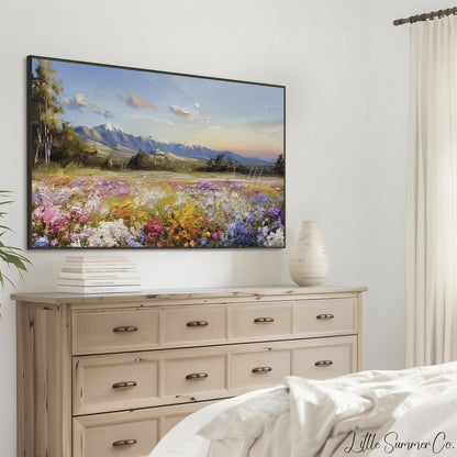 Wildflower Meadow and Mountains Frame TV Art displayed on a TV