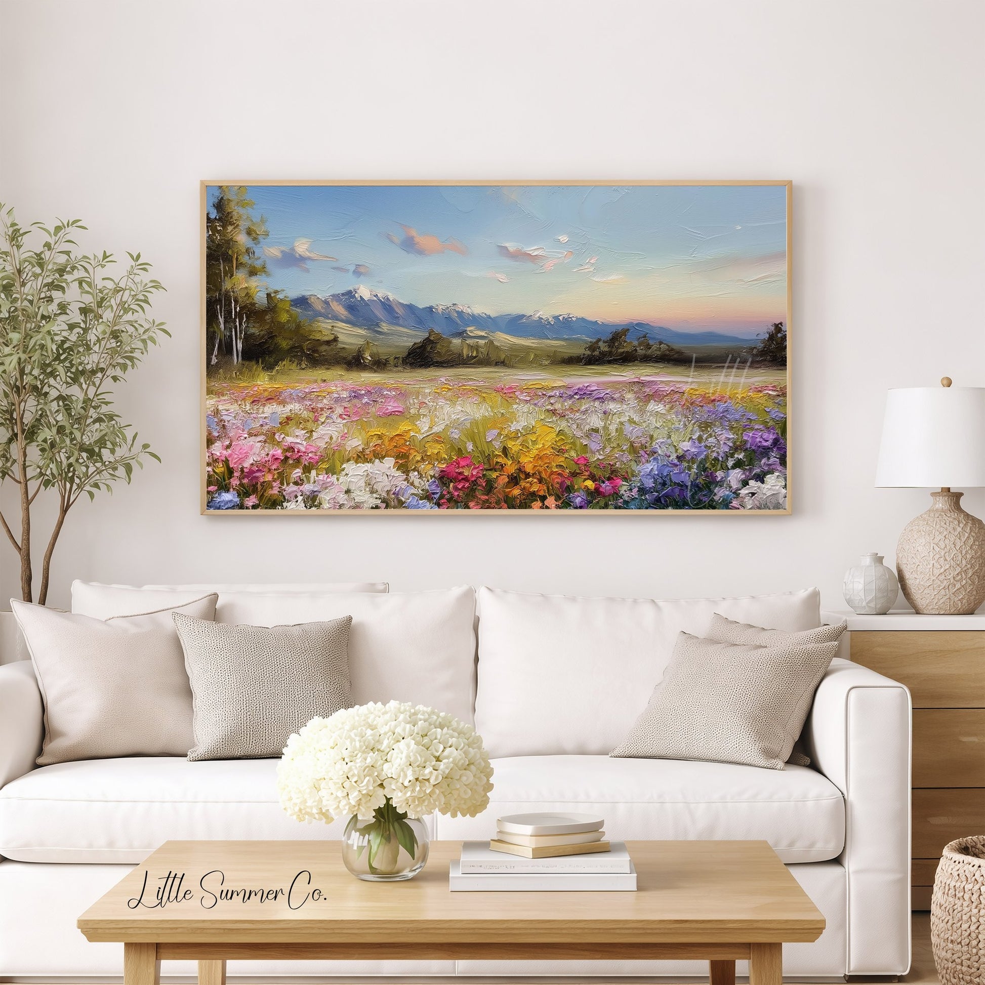 Wildflower Meadow and Mountains Frame TV Art displayed on a TV