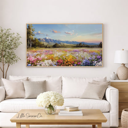 Wildflower Meadow and Mountains Frame TV Art displayed on a TV