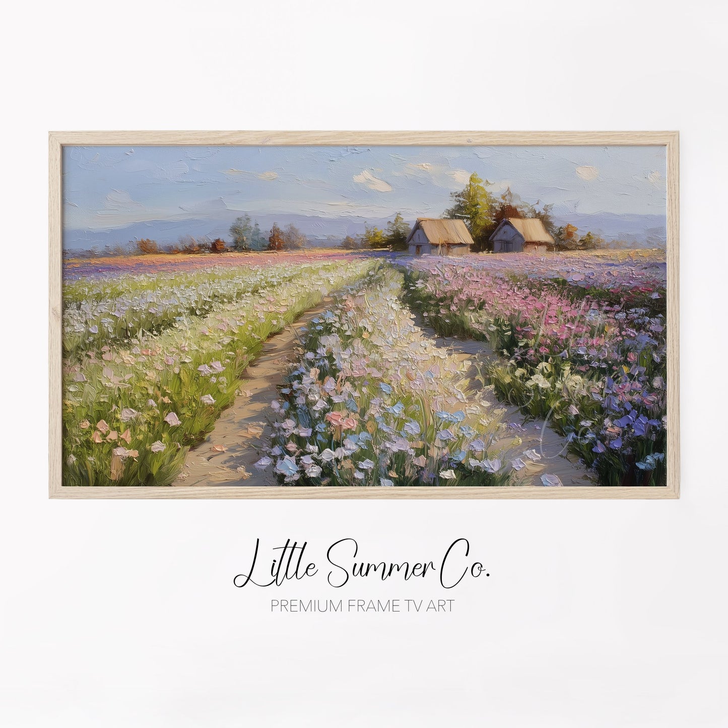 Flower Farm Path with Cottages Frame TV Art displayed on a TV