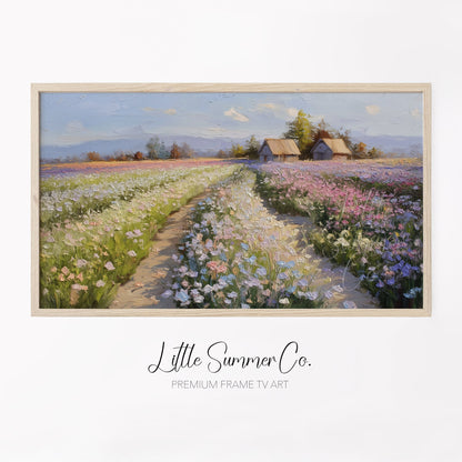 Flower Farm Path with Cottages Frame TV Art displayed on a TV