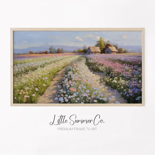 Flower Farm Path with Cottages Frame TV Art displayed on a TV