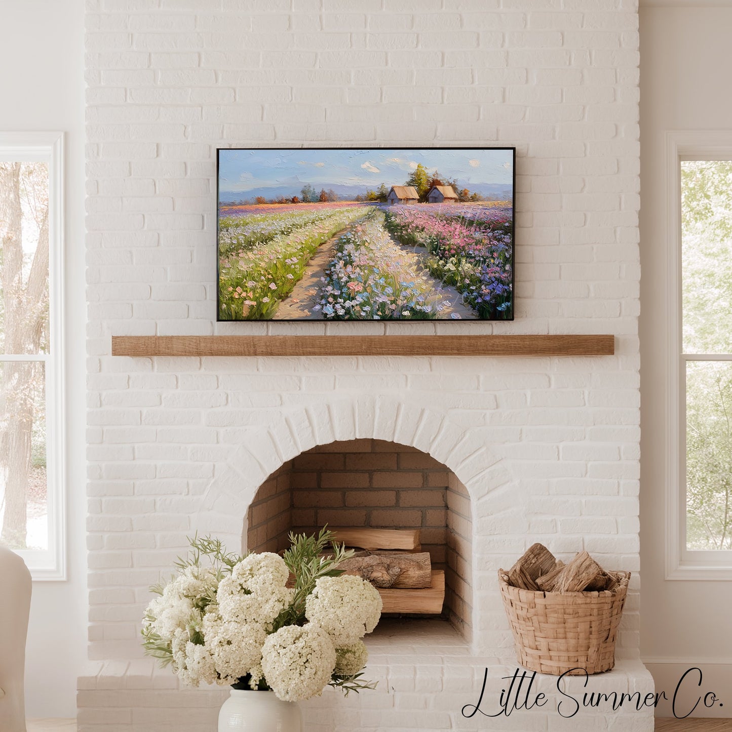 Flower Farm Path with Cottages Frame TV Art displayed on a TV