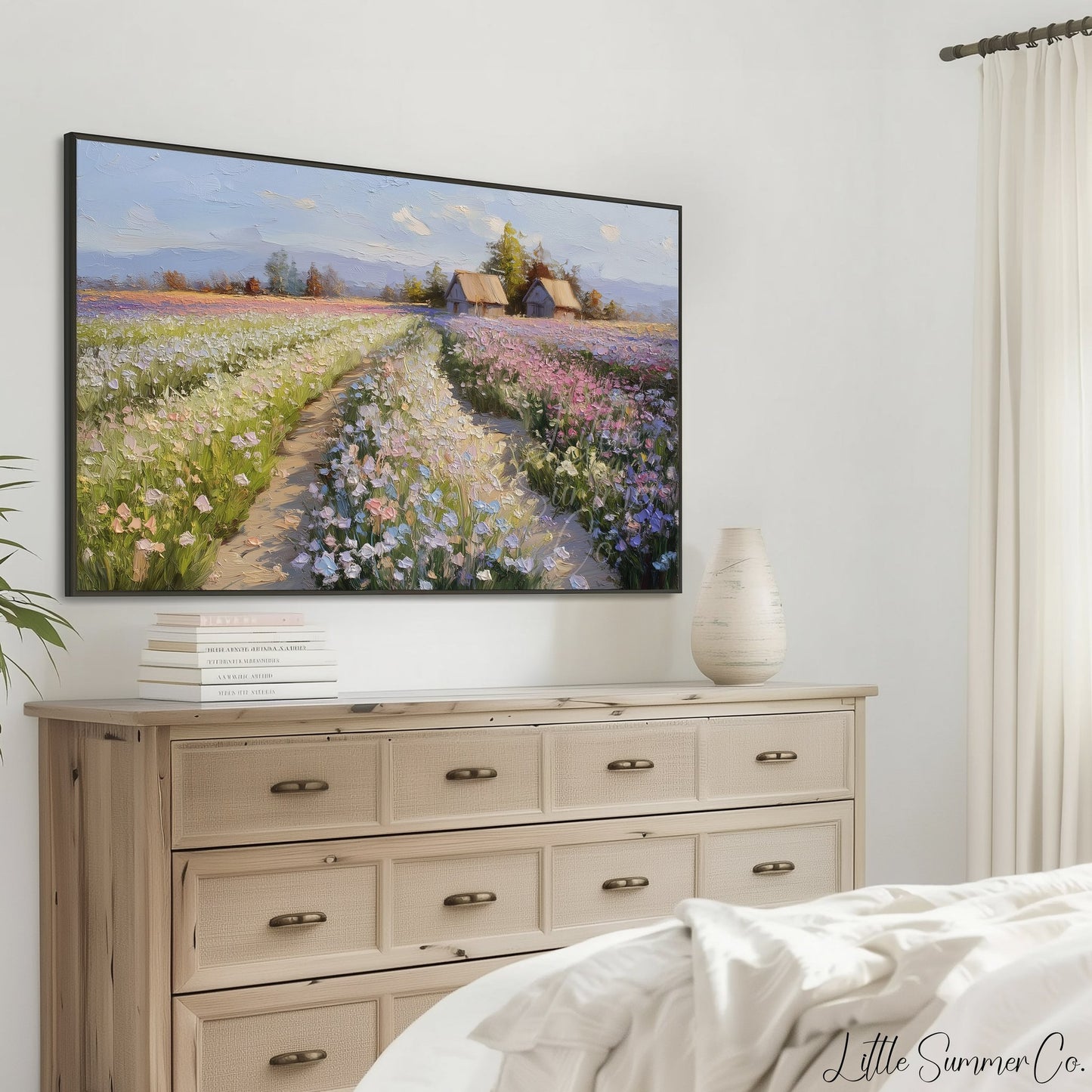 Flower Farm Path with Cottages Frame TV Art displayed on a TV