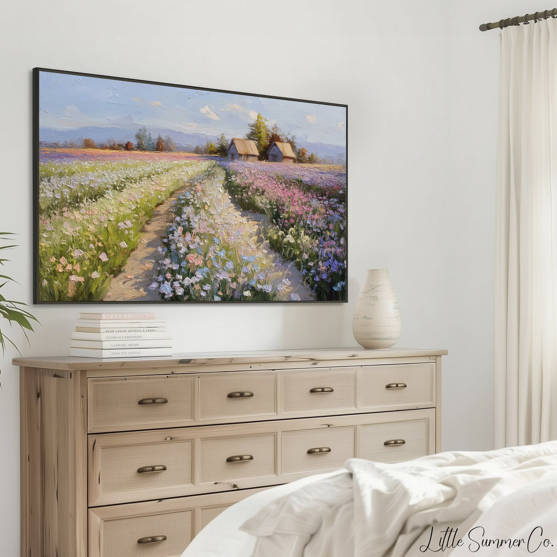 Flower Farm Path with Cottages Frame TV Art displayed on a TV