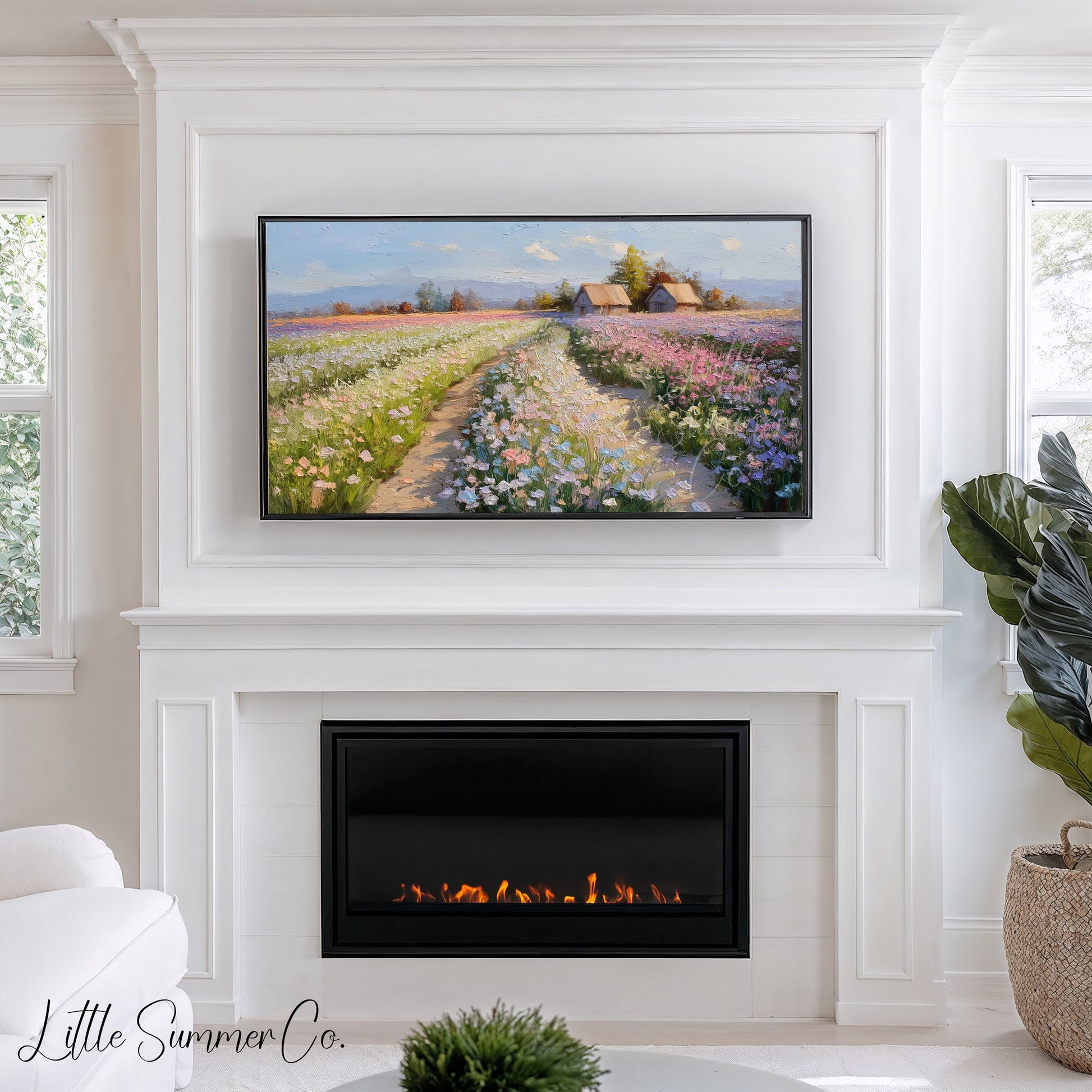 Flower Farm Path with Cottages Frame TV Art displayed on a TV