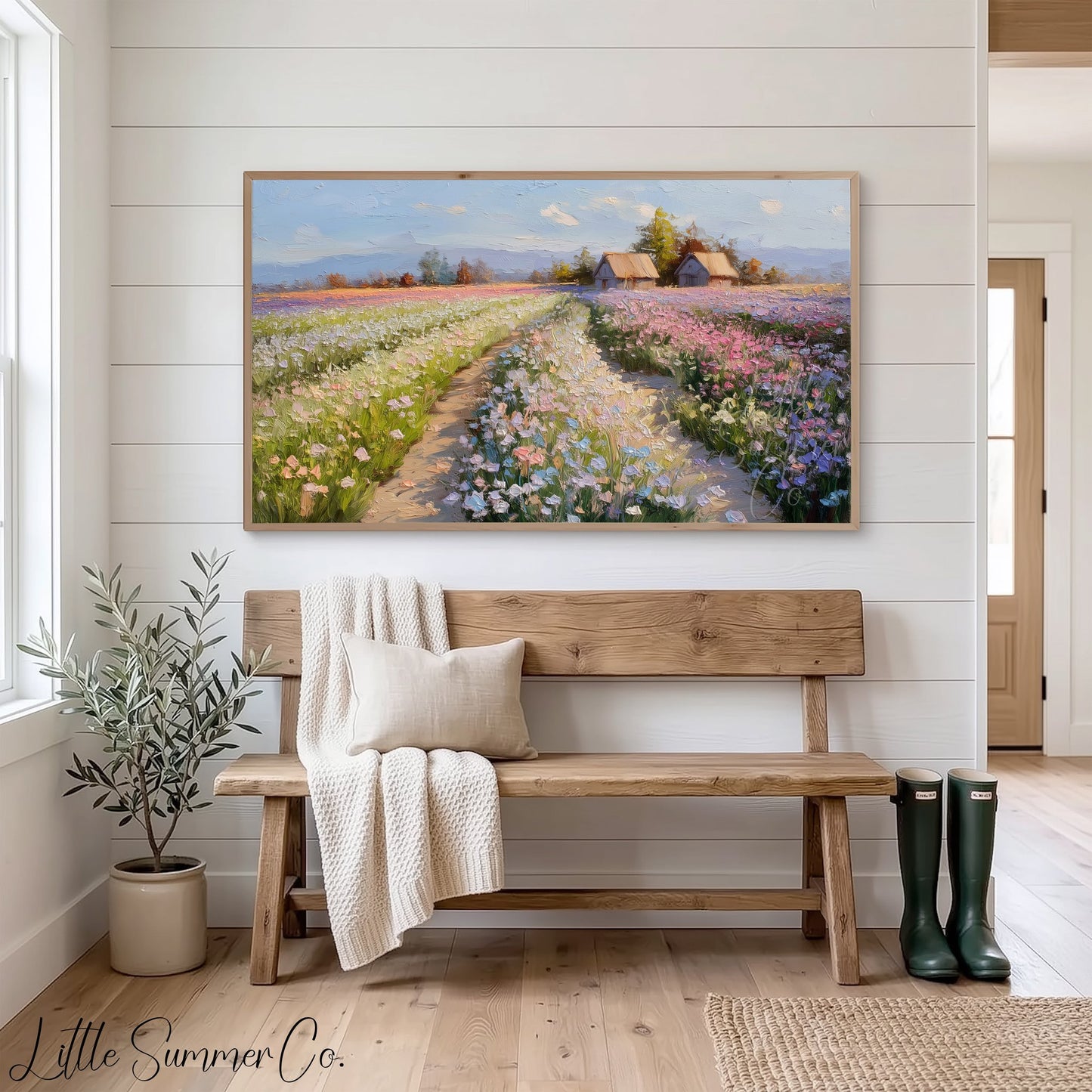 Flower Farm Path with Cottages Frame TV Art displayed on a TV