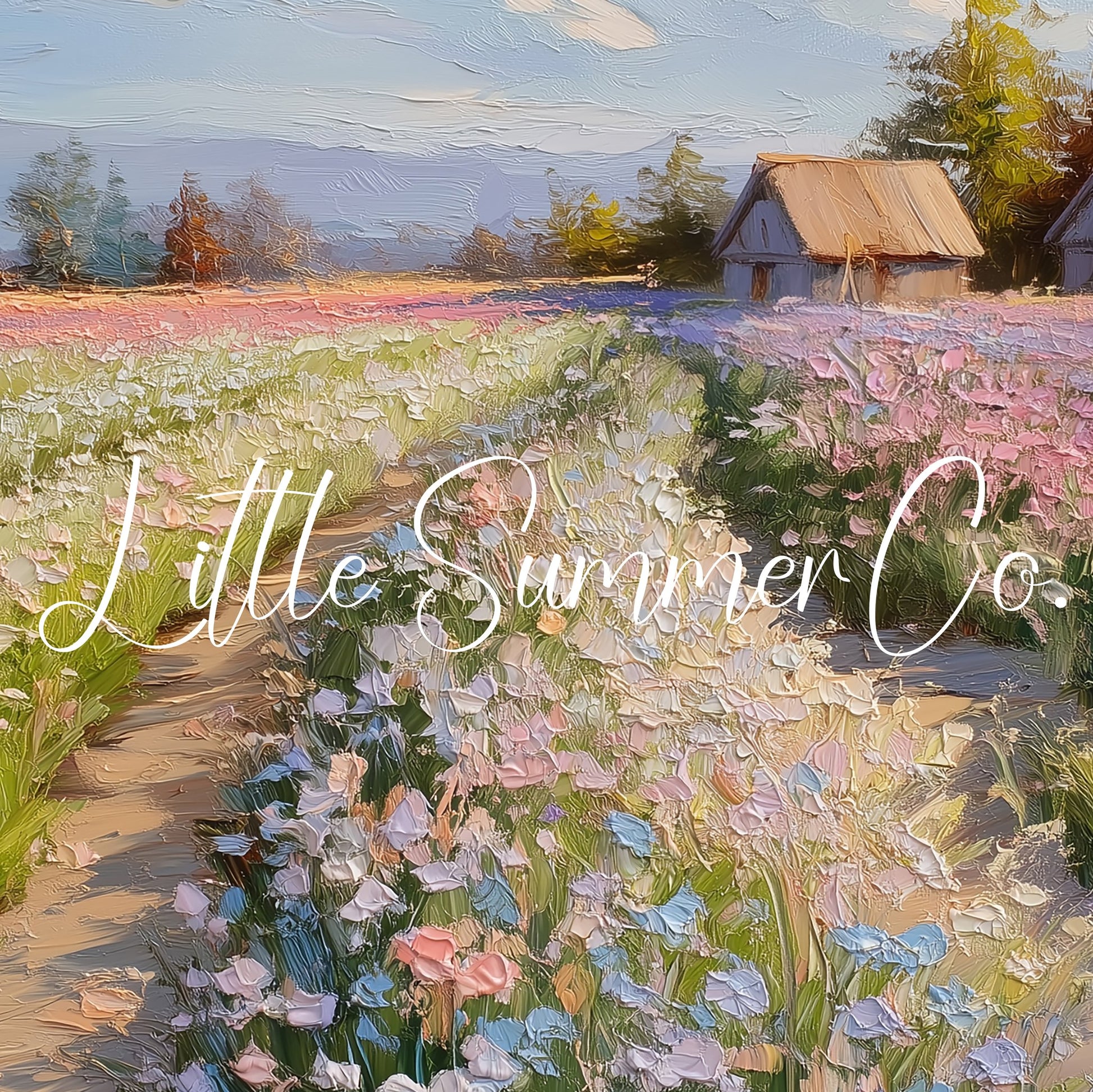 Flower Farm Path with Cottages Frame TV Art displayed on a TV