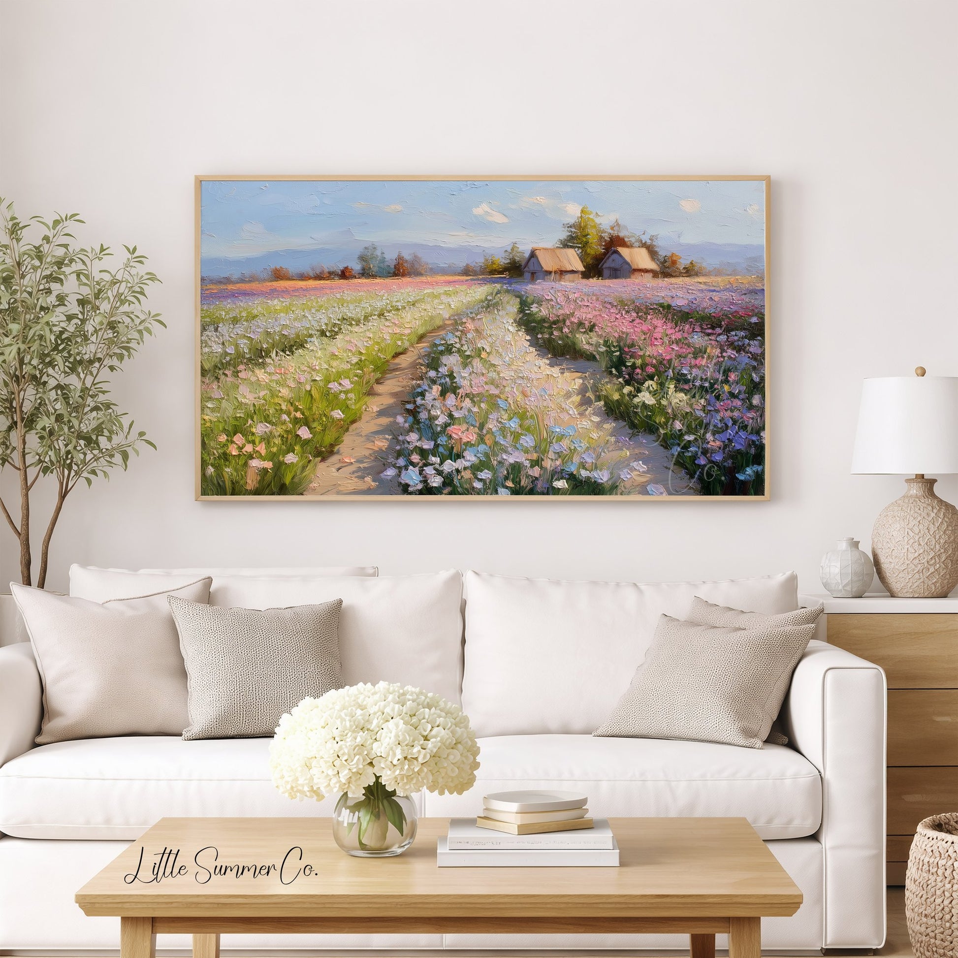 Flower Farm Path with Cottages Frame TV Art displayed on a TV