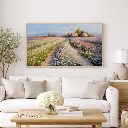 Flower Farm Path with Cottages Frame TV Art displayed on a TV