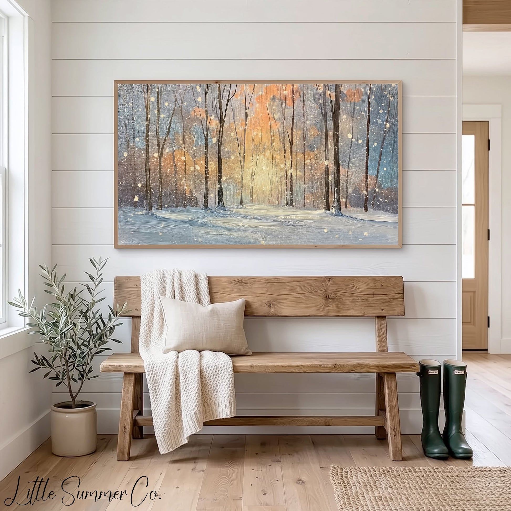Snowy Woodland Scene Frame TV Art displayed on a TV