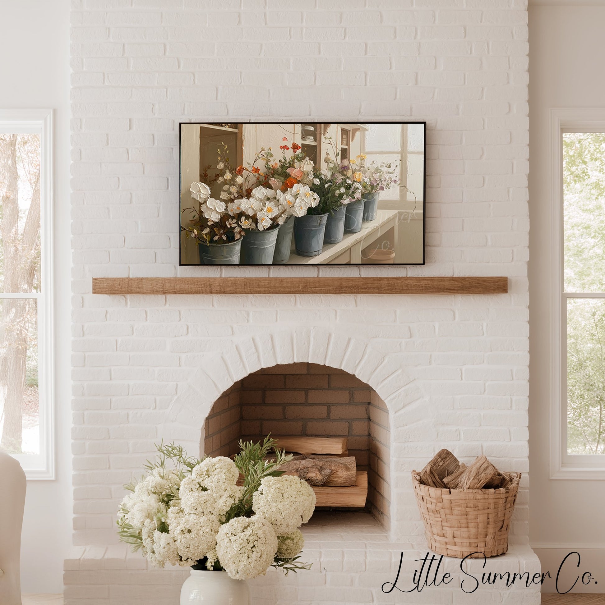 Flower Buckets on Windowsill Frame TV Art displayed on a TV