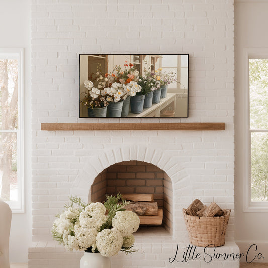 Flower Buckets on Windowsill Frame TV Art displayed on a TV
