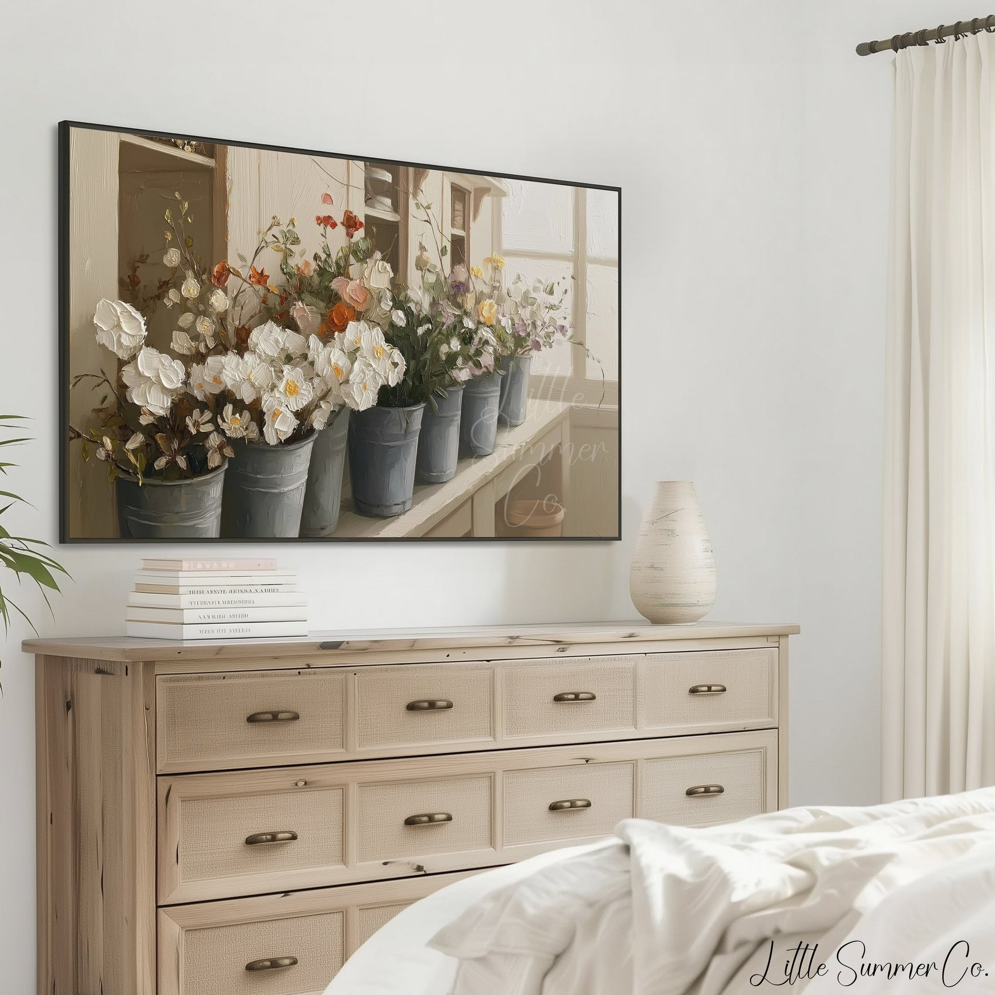 Flower Buckets on Windowsill Frame TV Art displayed on a TV
