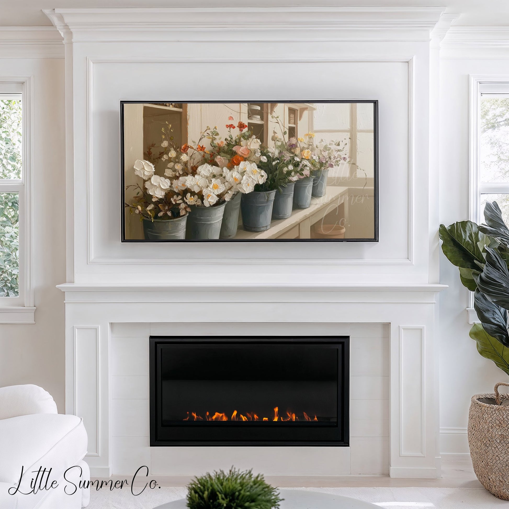 Flower Buckets on Windowsill Frame TV Art displayed on a TV