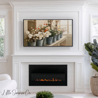 Flower Buckets on Windowsill Frame TV Art displayed on a TV