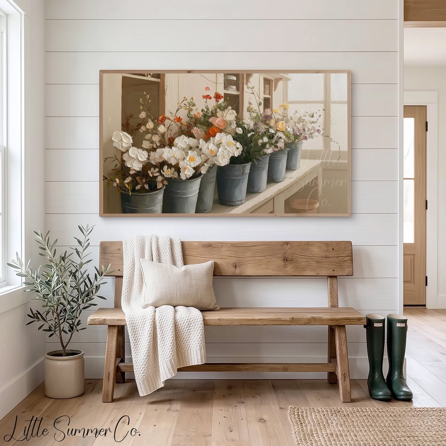 Flower Buckets on Windowsill Frame TV Art displayed on a TV