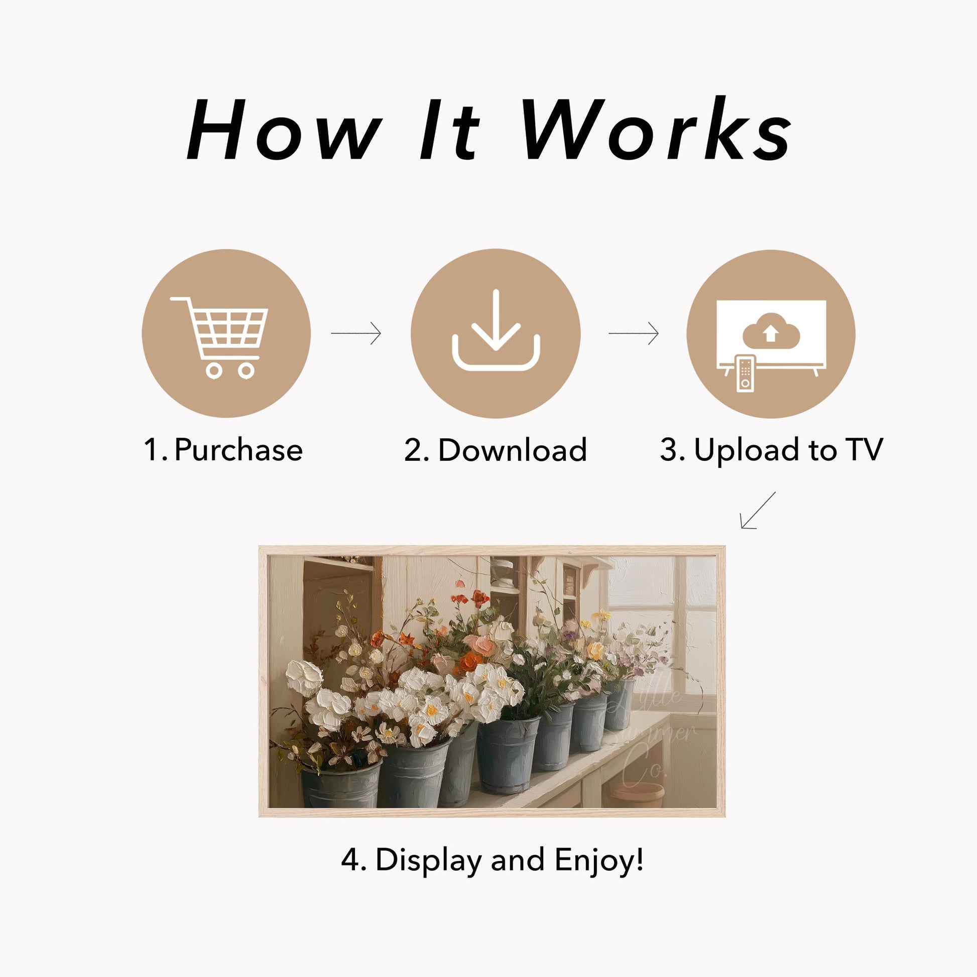 Flower Buckets on Windowsill Frame TV Art displayed on a TV